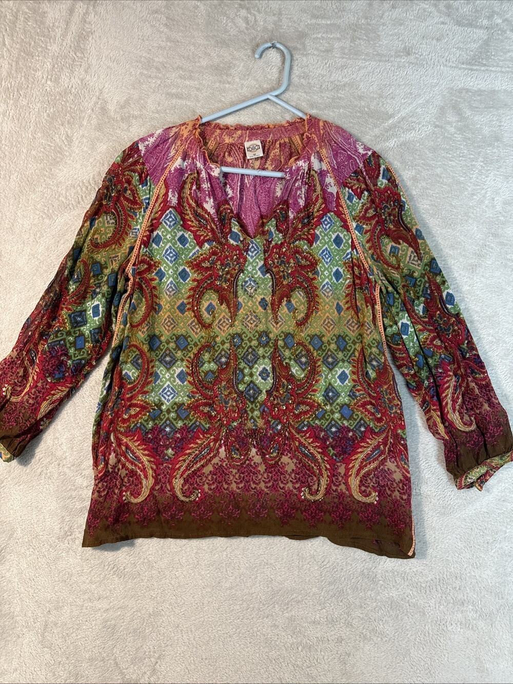 Bila Paisley V-Neck Blouse Women M Pink Sequin Accents Boho Hippie Artsy Top